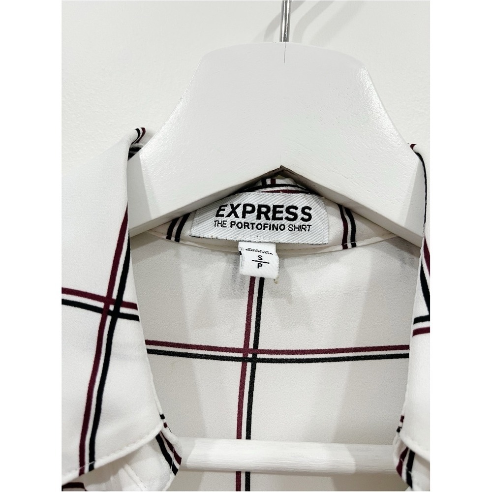 Express The Portofino Shirt White Plaid Button Down Blouse Small Windowpane - Picture 3 of 9